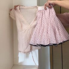 批发2026超火穿搭一整套学院风<b class='q'>套装</b>女<b class='q'>蕾丝</b>v领短袖衬衫波点短裙两件套