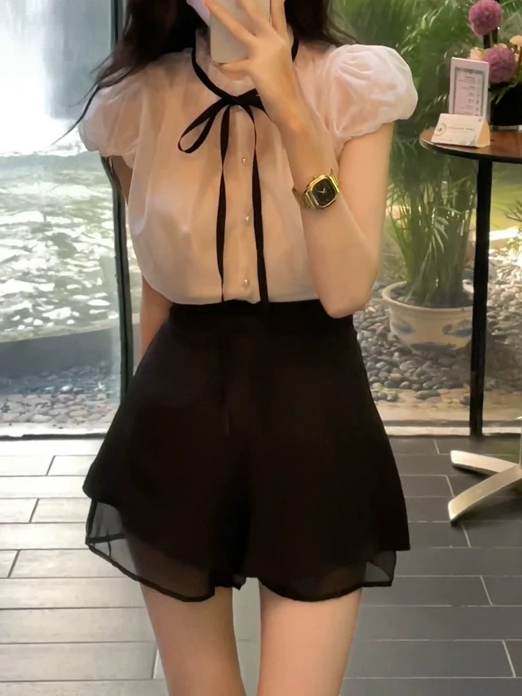 디자인 센스 작은 대중 프랑스식 Chic 나비 넥타이 레이스 거품 소매 쉬폰 톱 반팔 여성 셔츠 여름