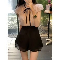 批发设计感小众法式别致蝴蝶结系带蕾丝泡泡袖<b class='q'>雪纺</b><b class='q'>上衣</b>短袖衬衫女夏季