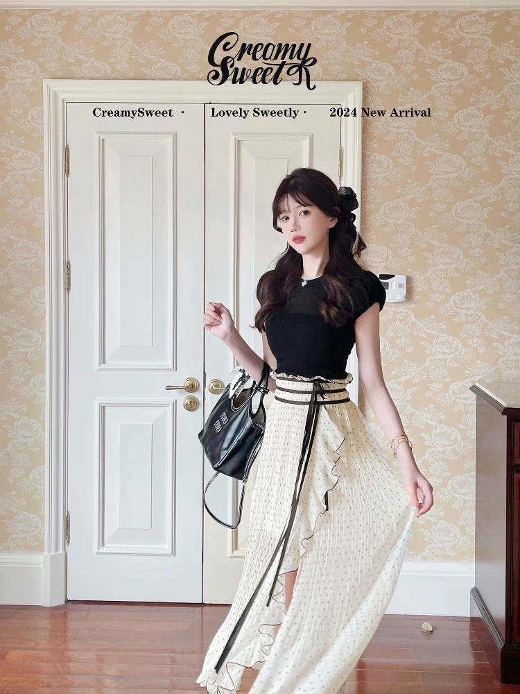 creamysweet 일본식 풍부한 아름다움 불규칙 트임 디자인 도트 무늬 롱 스커트 여성 부드러운 슬림해 보이는 반신 스커트