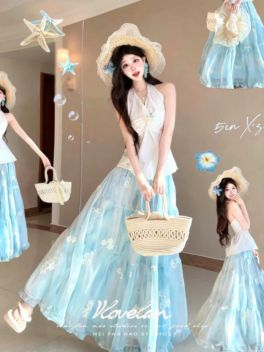 해변가 휴가 바람 꽃무늬 롱 스커트 여자 2026 여름 디자인 센스 작은 대중 행침 목 민소매 조끼 투피스 슈트