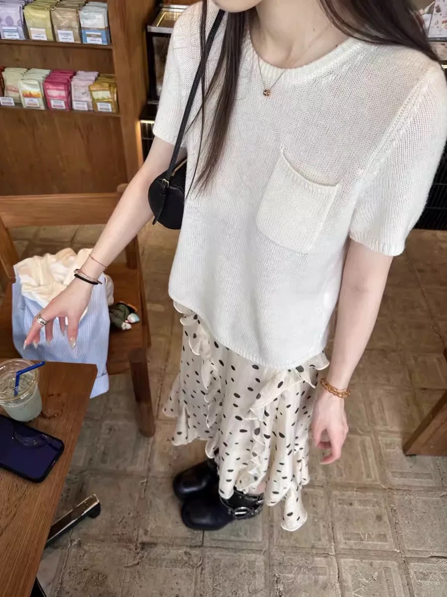 pphome 미니멀리즘 다용도 다용도 라운드 넥 반팔 니트 스웨터 여성 여름 불규칙 도트 무늬 반신 스커트 투피스 세트