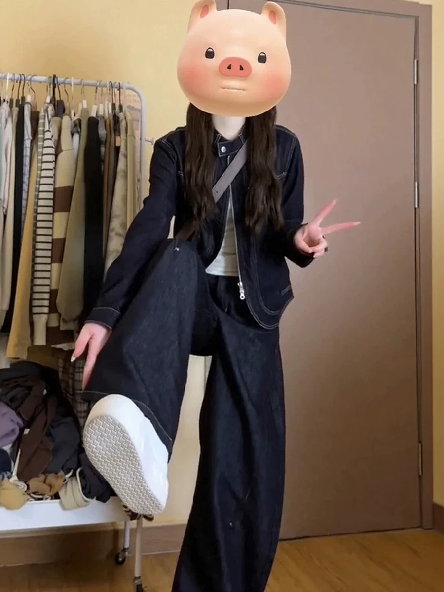 봄 착용 가져 가라. 전체 집합 빅 사이즈 지방 mm 데님 재킷 와이드 레그 팬츠 패션 레트로 고급 센스 잘 생긴 세트 여성