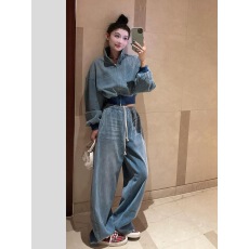 批发巨好看早<b class='q'>春</b>一整套清冷松弛感miu系穿搭蓝色牛仔棒球服阔腿裤套装