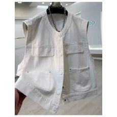 批发高品质棉质白色牛仔无袖马夹女春<b class='q'>夏</b>工装口袋叠穿马甲秋超好看上衣