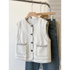 批发高品质棉质白色牛仔无袖马夹女春<b class='q'>夏</b>工装口袋叠穿马甲秋超好看上衣