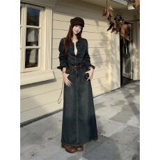 批发2026春秋新款大码高端复古假两件水洗牛仔<b class='q'>连衣裙</b><b class='q'>收腰</b>显瘦气质长裙