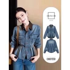 批发今年流行复古收腰<b class='q'>牛仔</b>衬衫女春季港风设计感小众洋气掐腰上<b class='q'>衣外套</b>