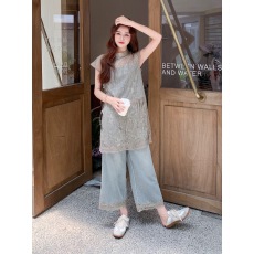 批发新中式独特别致套装女2026夏季新款蕾丝拼接牛仔上衣阔腿裤两件套