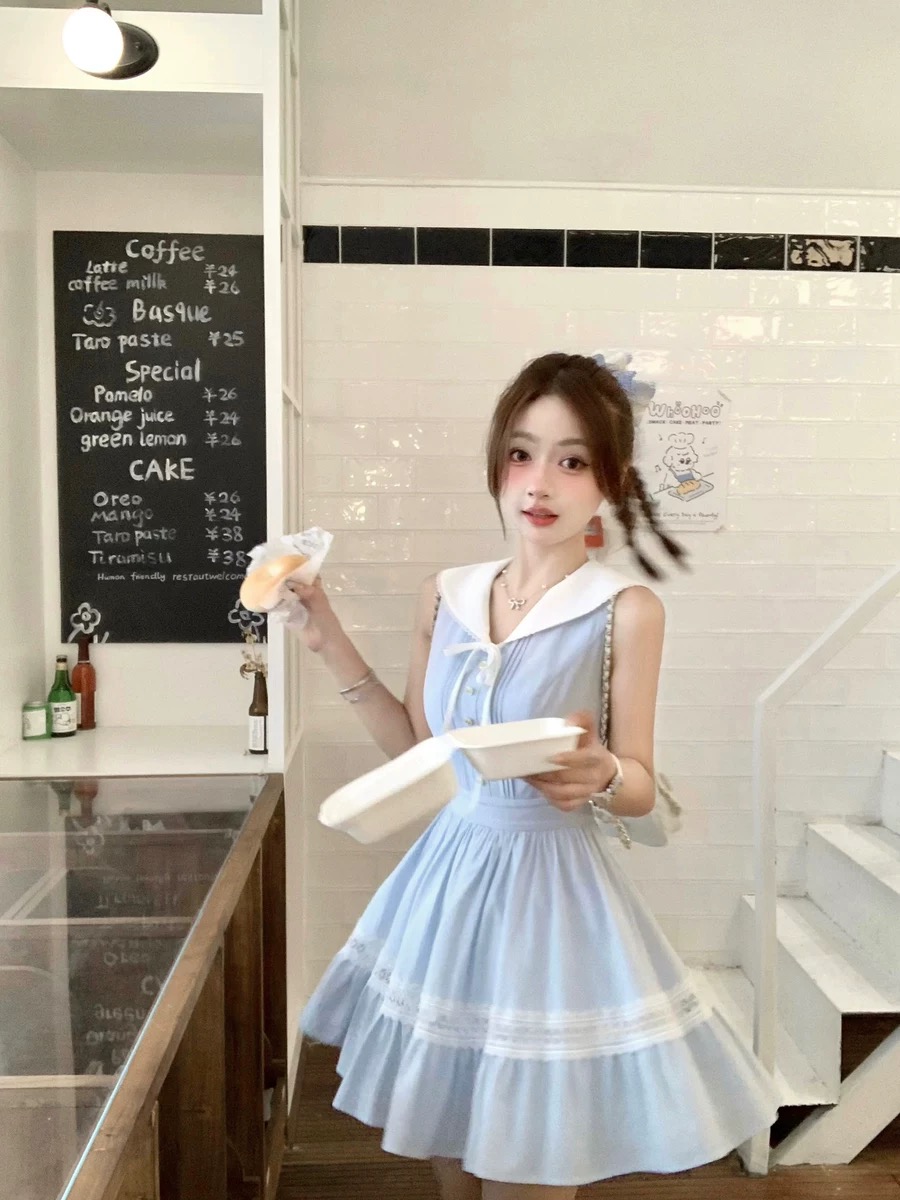 q 여자 집 블루 섬 일기 해군 학원 스타일 소녀 파란색 스트라이프 허리 수축 셔츠 드레스 민소매 미니 스커트