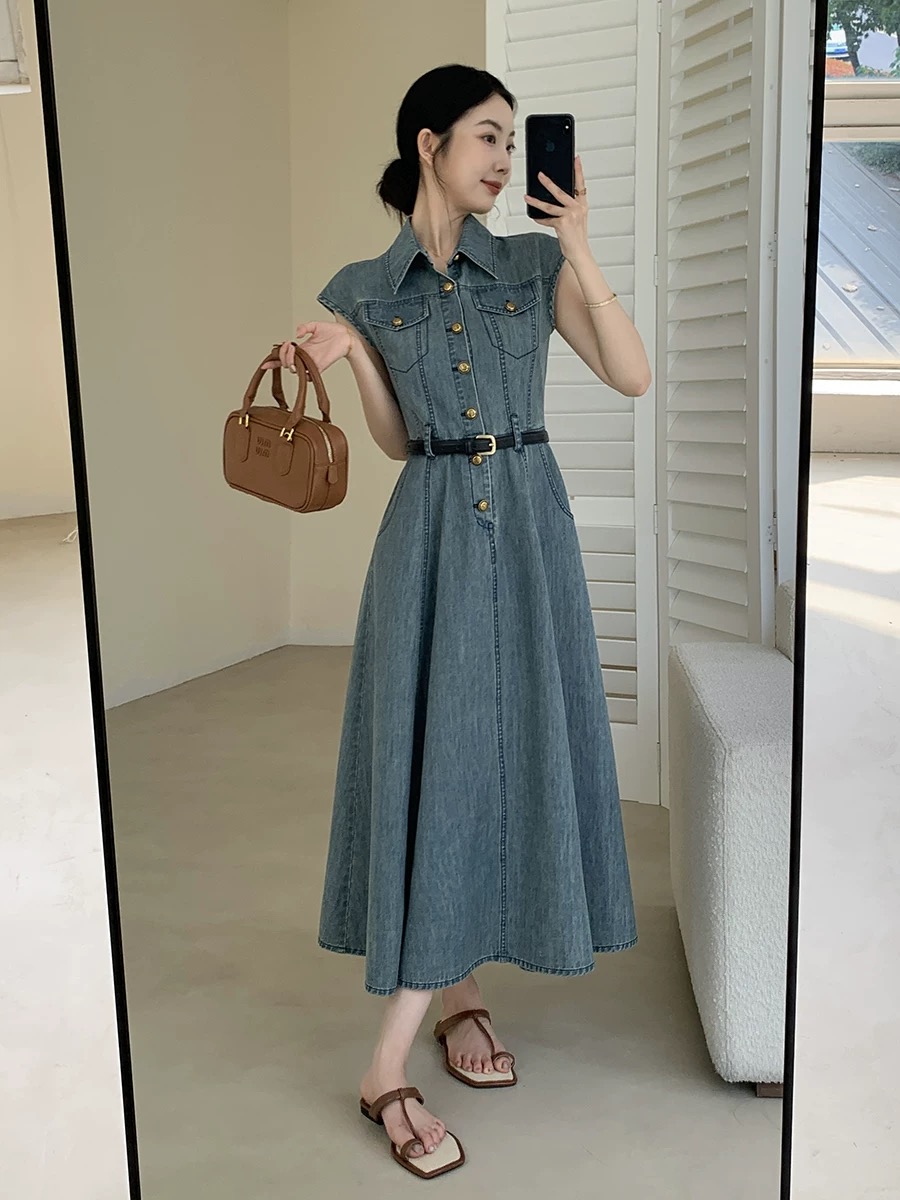 ft guoge 파란색 데님 여성 드레스 2026 여름 새로운 프랑스식 레트로 허리 수축 디스플레이 얇고 작은 날다 소매 롱 스커트