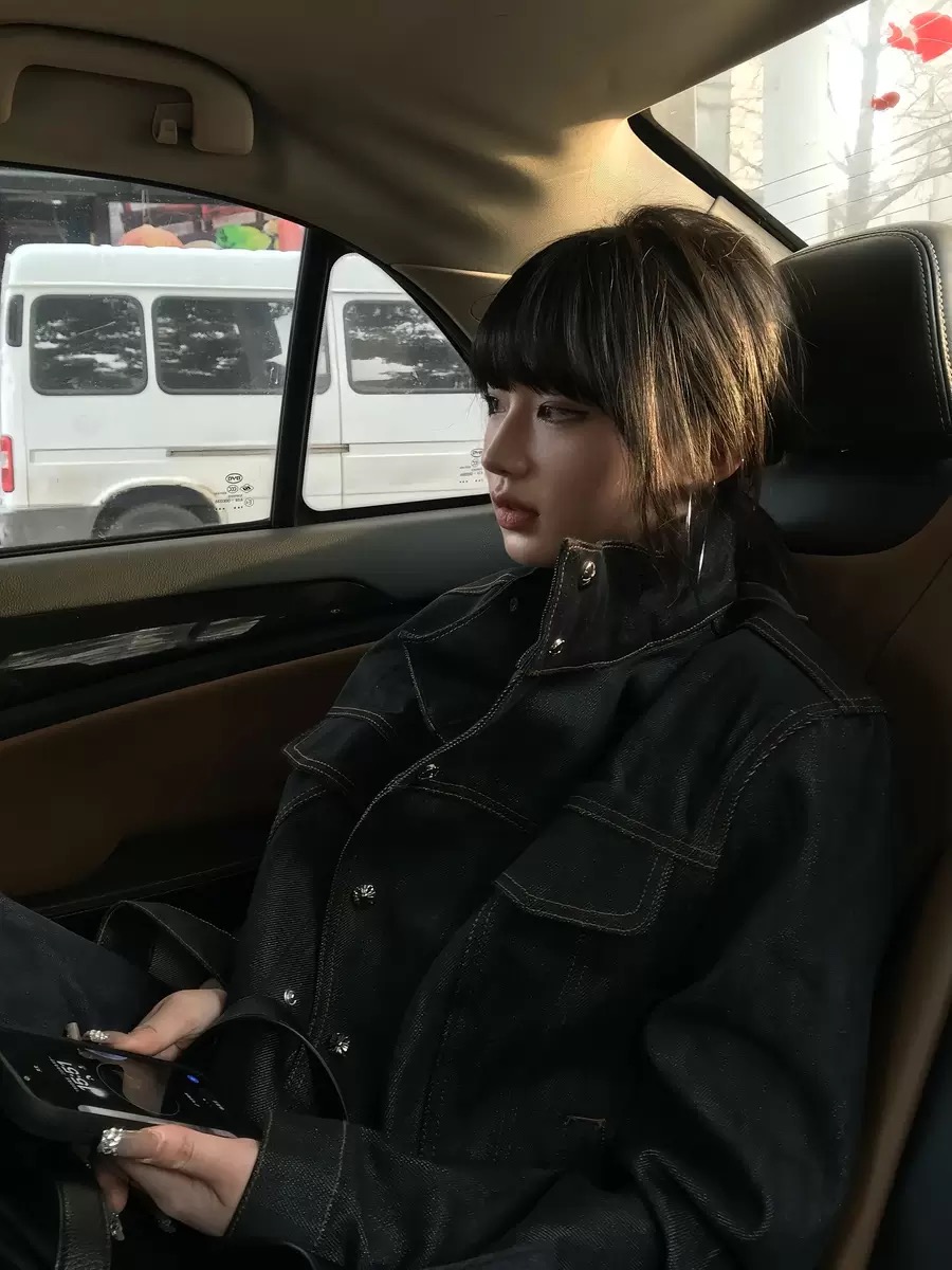 한국 cleanfit 14.5 가져 오기 비스듬한 칼라 클래식 짧은 와이드 원본 암소 딱딱한 루즈핏 데님 재킷 재킷