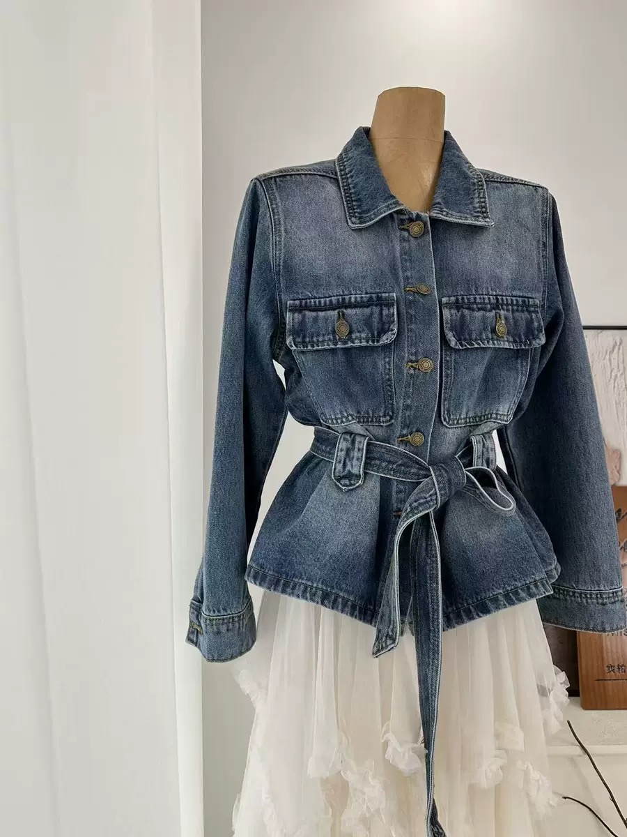 꿀 실크 어린이 양 2026 새로운 작은 대중 미니멀리즘 고급 레트로 워싱 데님 하이웨이스트 허리 수축 긴팔 재킷 맨위