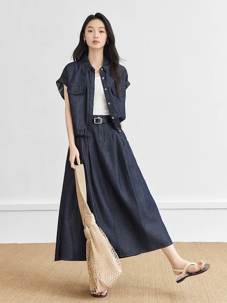 대화 라이 경기 서울 레트로 출퇴근 데님 세트 여성 2026 여름 새로운 고급 센스 셔츠 한 마디 반신 스커트