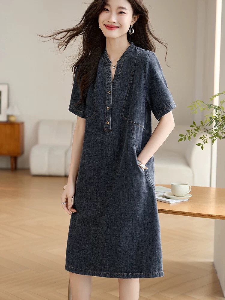 RY3631# 牛仔连衣裙女夏季薄款2026新款爆款宽松遮肚休闲复古气质妈...