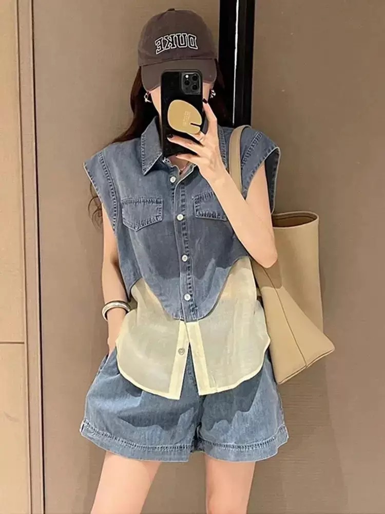 RY3630# 夏季穿搭一整套2026新款减龄洋气牛仔拼接无袖搭配休闲短裤...