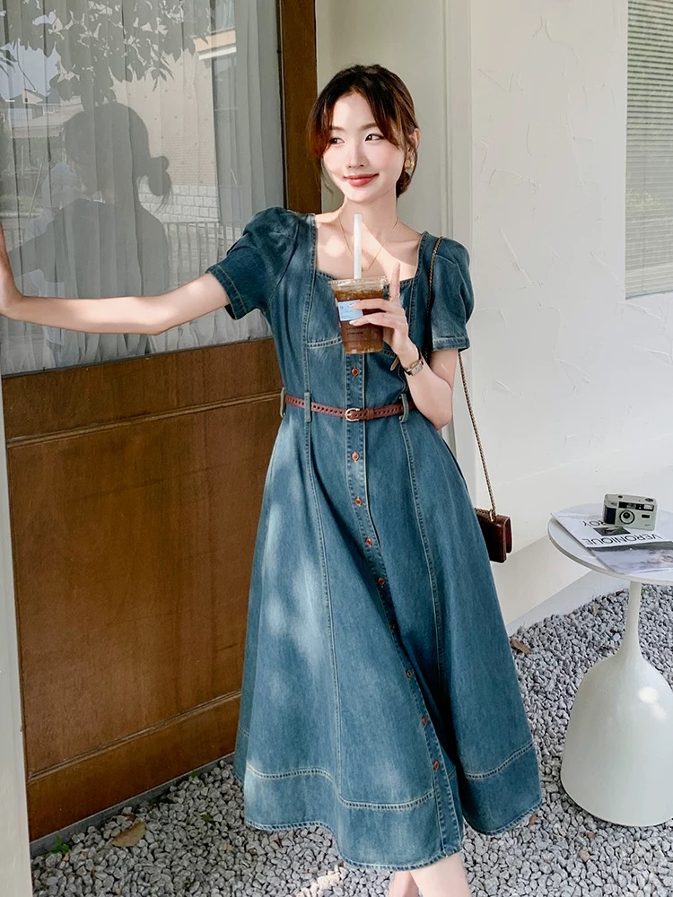 RY3629# 港风复古牛仔连衣裙女夏季2026新款薄款气质方领别致收腰显...