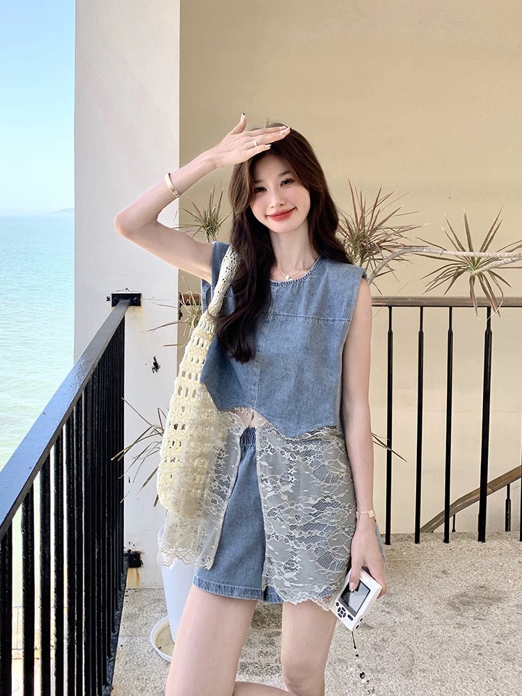 RY3628# 盐系巨好看牛仔套装女夏季2026新款小个子蕾丝拼接背心短裤...