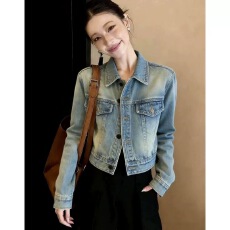 批发Veee复古旧金山 显瘦浅蓝色美式牛仔外套短款小个子休闲宽松上衣