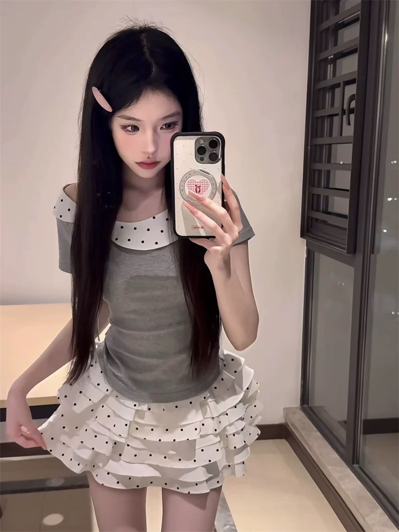 miu 부서 부드러운 도트 무늬 칼라 반팔 티셔츠 여성 여름 새로운 Chic 몸매 가꾸기 슬림해 보이는 화이트 미니 스커트 투피스 슈트