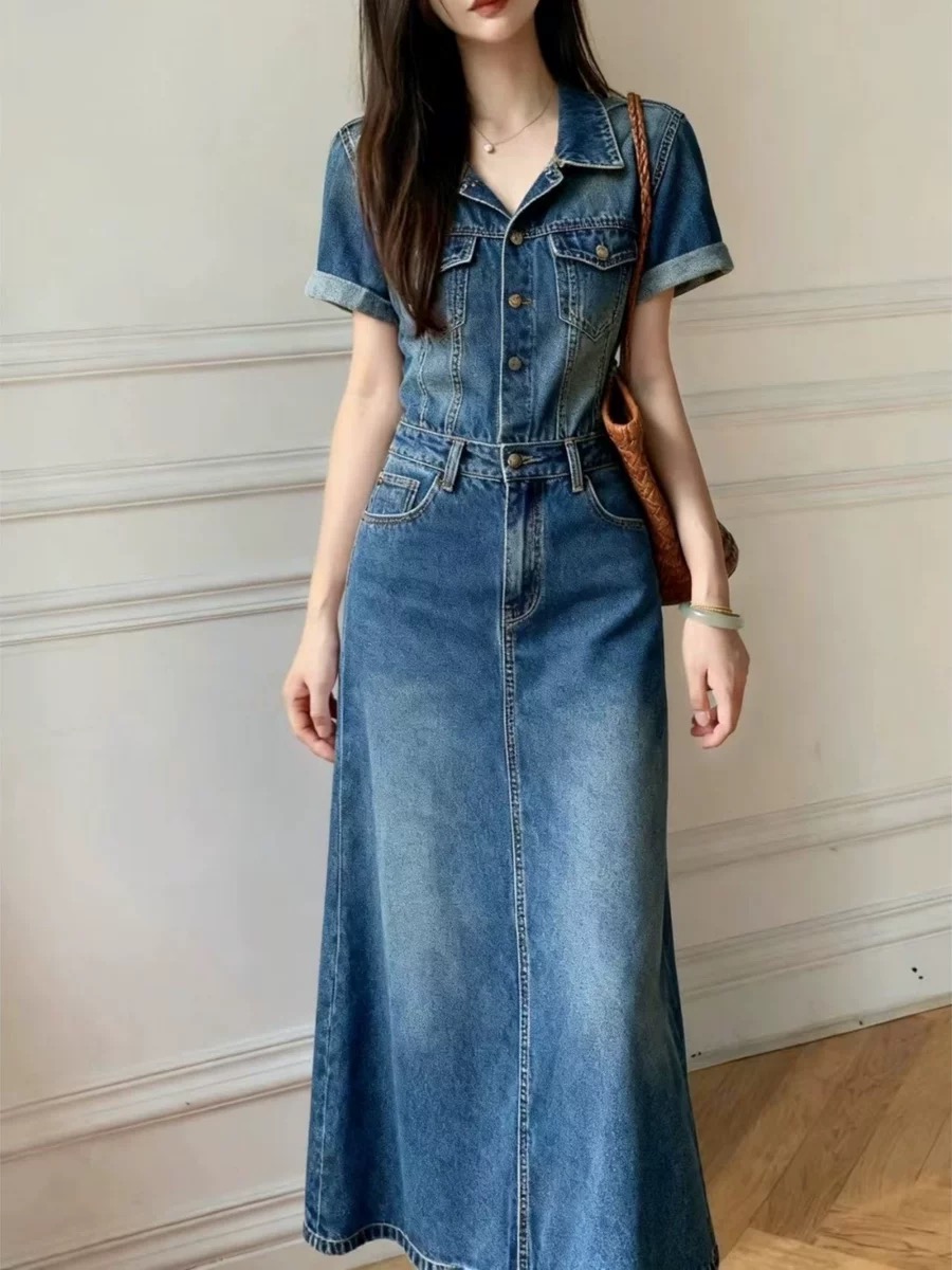항구 바람 레트로 고급 센스 2026 봄 새로운 허리 수축 슬림해 보이는 파란색 반팔 폴로 칼라 데님 드레스 여성 의류
