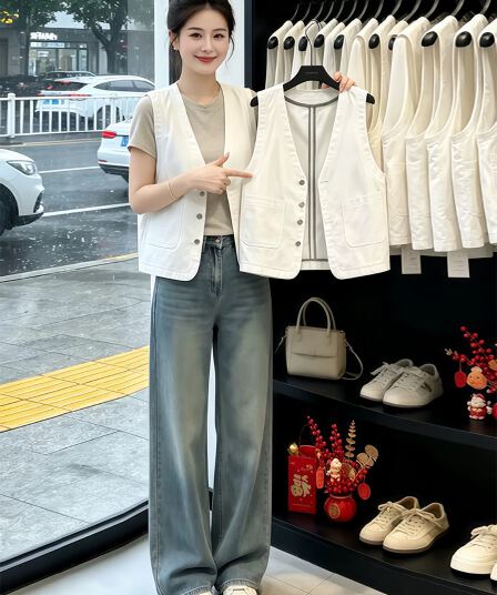 화이트 V넥 민소매 조끼 여자 외부 가져 가라. 작은 조끼 조끼 어깨 맨위 쇼트 스타일 다용도 캐주얼 재킷 재킷
