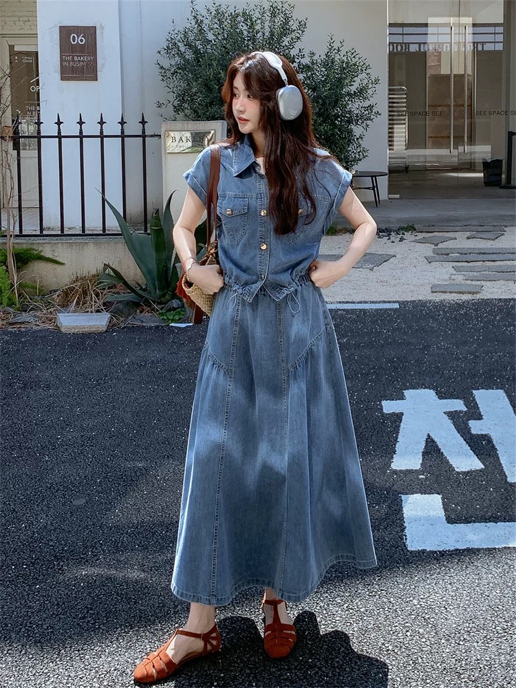 항구 바람 레트로 데님 반팔 셔츠 반신 스커트 두 조각 여성 세트 여름 2026 새로운 튀김 거리 인기 전체 집합