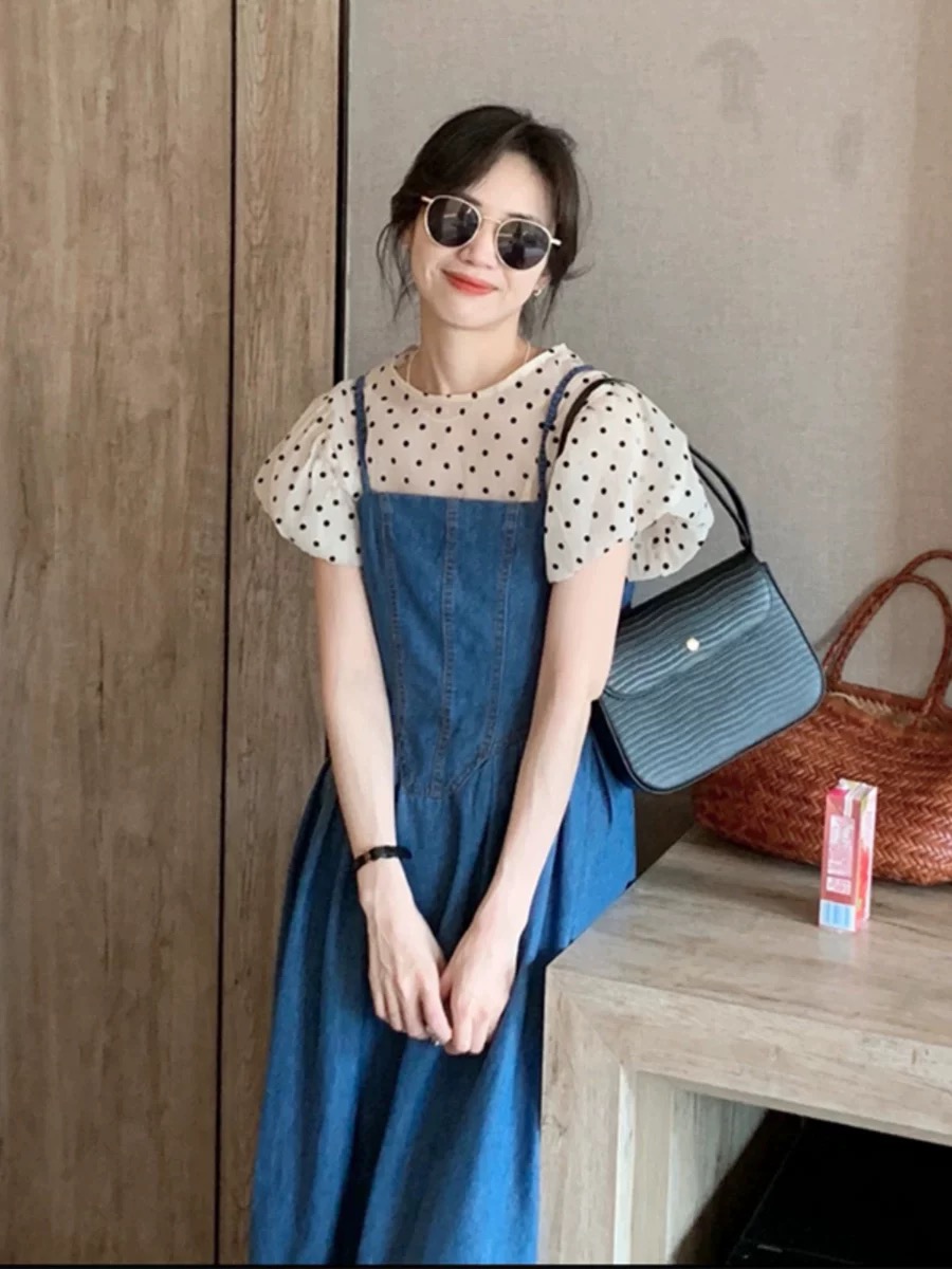 차 휴식 프랑스식 길다 치마 세트 레트로 홍콩 느낌 고급 센스 품격 허리 수축 데님 슬립 여성 드레스 여름
