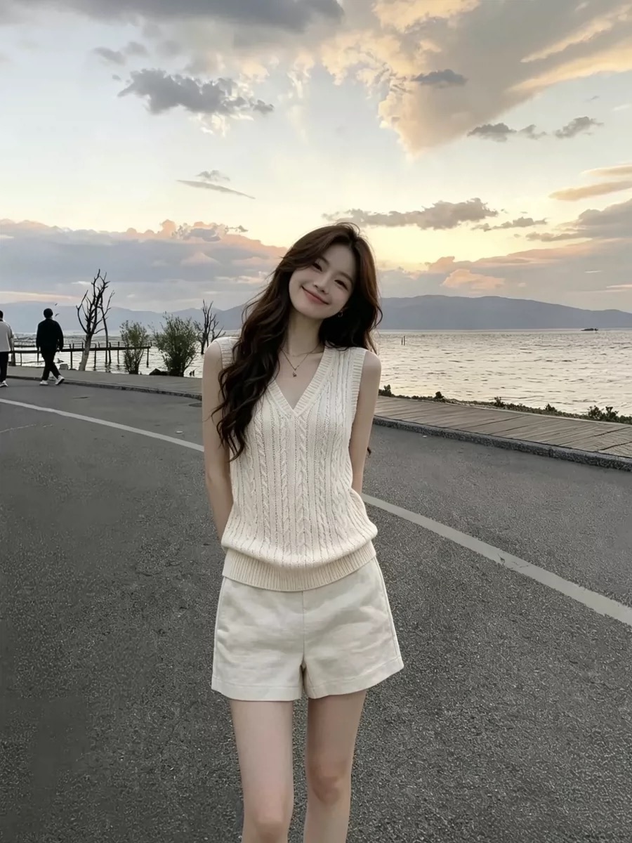 자이언트 잘 생긴 전체 집합 한 부서 여름 품격 오래된 돈 바람 V넥 꽈배기 니트 스웨터 여성 슬림해 보이는 반바지 투피스 세트