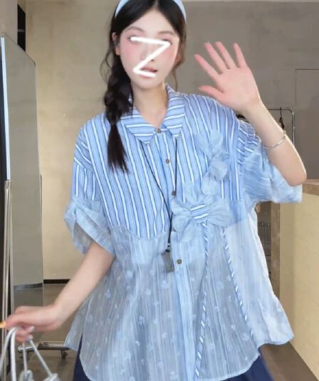 보라색 하나씩 디자인 센스 폴로 칼라 스트라이프 패치워크 망사 반팔 여성 셔츠 여름 한 부서 패션 루즈핏 슬림해 보이는 맨위
