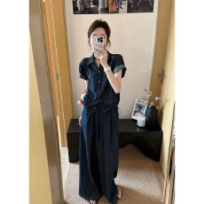 批发深蓝色牛仔衬衫阔腿<b class='q'>裤</b><b class='q'>套装</b>2026新款女<b class='q'>夏季</b>又酷又飒韩系穿搭两件套