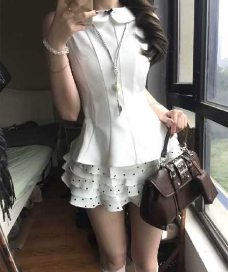 miu 부서 ootd 전체 집합 나비 매듭 민소매 맨위 도트 무늬 반 스커트 여성 여름 고유 한 아름다운 착용 가져 가라. 세트