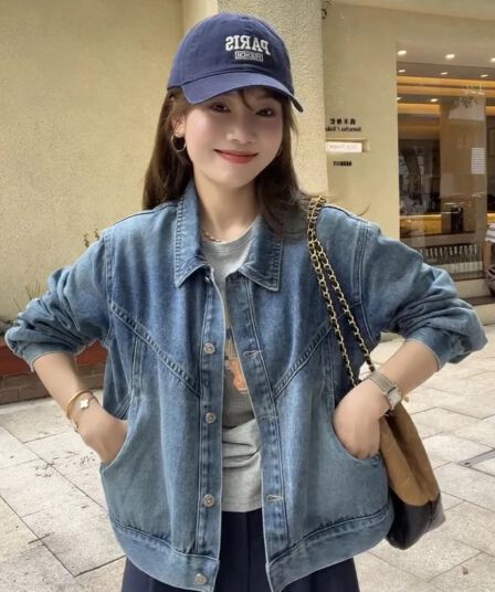 萱 제나라 xuanqi 떨어지지 않음 색상 봄 워싱 블루 폴로 칼라 데님 여성 코트 새로운 느긋한 착용 가져 가라. 재킷 맨위