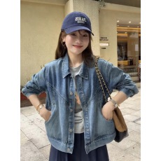 批发萱琪XUANQI不掉色春季水洗蓝翻领牛仔<b class='q'>外套</b>女新款慵懒穿搭<b class='q'>夹克</b>上衣