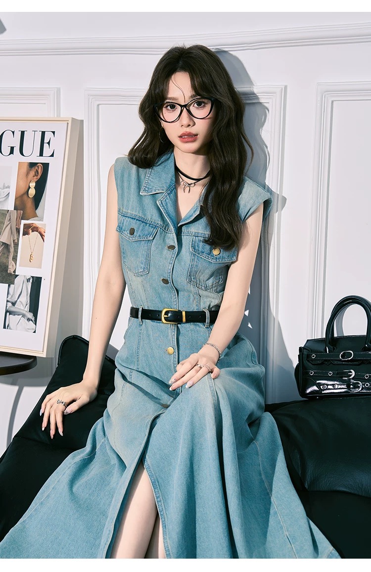 몽골 작은 SEVEN 항구 바람 조끼 데님 여성 드레스 2026 여름 새로운 프랑스식 품격 폴로 칼라 허리 수축 길다 치마