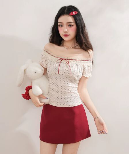 2026 여름 새로운 한 부서 달콤함 도트 무늬 거품 소매 몸매 가꾸기 맨위 빨간색 반신 스커트 순수한 욕망 투피스 세트