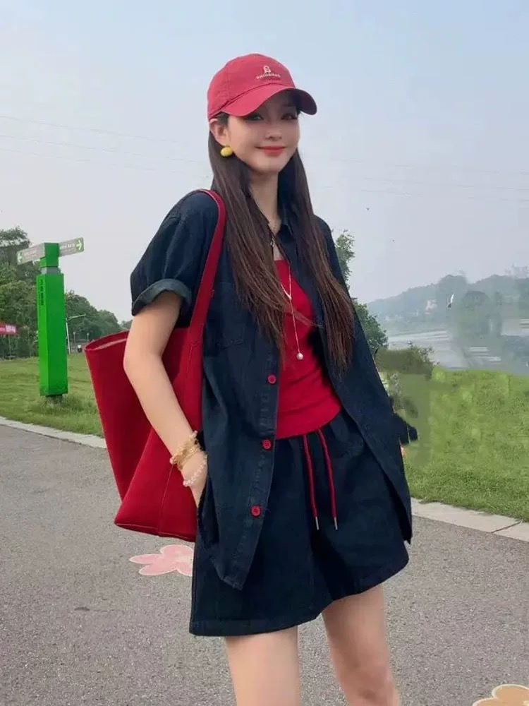 패션 레트로 데님 셔츠 반바지 세트 여성 2026 여름 새로운 작은 키 캐주얼 투피스 슈트