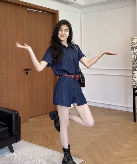 장 A 스타 영화 기억 라이 경기 서울 항구 바람 레트로 데님 셔츠 하이웨이스트 치마바지 투피스 슈트 여성