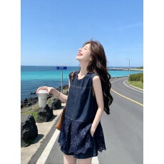 批发今年流行爆款巨好看2026超火夏装一整套<b class='q'>蕾丝</b>拼接牛仔背心短裤<b class='q'>套装</b>