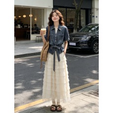 批发港风复古腰带原色牛仔衬衫女短袖2026年夏季新款<b class='q'>休闲</b>风收腰衬衣
