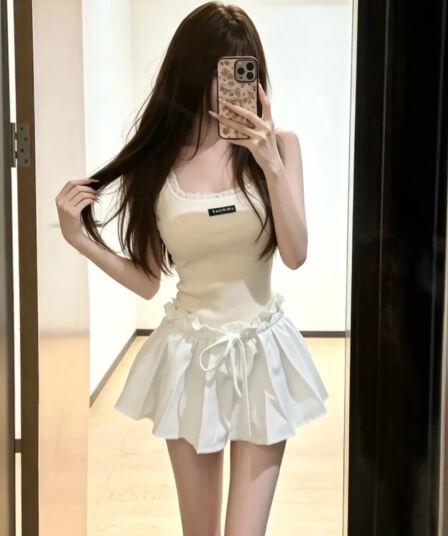 달콤한 스타일 연령 감소 레이스 레이스 u 칼라 캐미솔 여름 하이웨이스트 슬림해 보이는 한 마디 짧은 치마바지 투피스 슈트