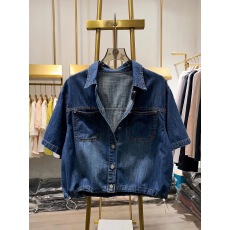 批发时尚复古<b class='q'>牛仔</b>短袖衬衫女夏季抽绳轻薄休闲外套