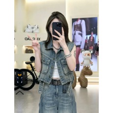 批发美式复古口袋牛仔马甲女<b class='q'>夏</b>季时尚百搭机车风工装无袖坎肩背心上衣