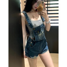 批发李李服饰甜辣美式破洞牛仔背带短裤<b class='q'>女</b>2026年夏季做旧显瘦连体短裤