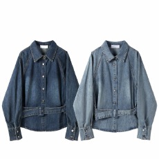 批发GeNaQi翻领收腰系带<b class='q'>牛仔</b>上衣女早春新款韩系宽松休闲时尚气质衬衫