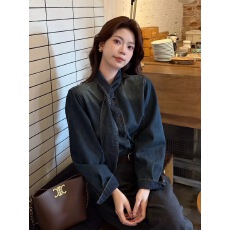 批发【滨海微风】复古港风蓝色领带<b class='q'>牛仔</b>衬衫女加厚叠穿宽松长袖衬衣冬