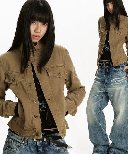 apocket 아메리칸 거리 비스듬한 문 襟 디자인 센스 스탠드 칼라 데님 여성 코트 몸매 가꾸기 쇼트 스타일 워크웨어 재킷 트렌디