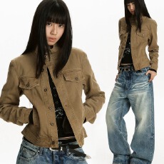 批发Apocket美式<b class='q'>街头</b>斜门襟设计感立领牛仔外套女修身短款工装夹克潮