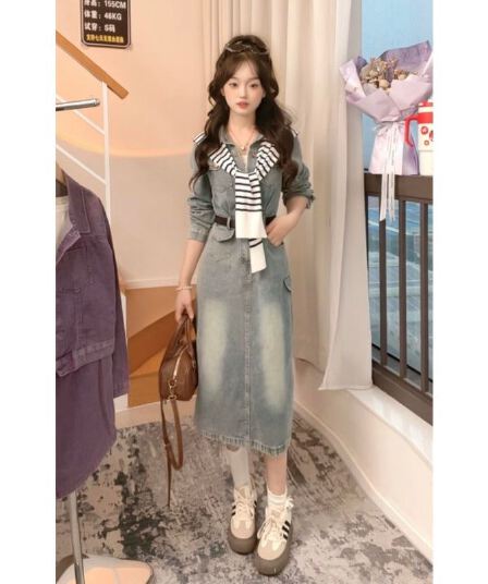 드레스 슈퍼 요정 휴가 바람 레트로 워싱 데님 미니 스커트 여성 봄 가을 새로운 달콤한 핫걸 폴로 칼라 허리 수축 미니 스커트