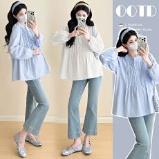 批发实拍~孕妇装2025秋装新款棉质提花百褶长袖衬衫小清新上衣